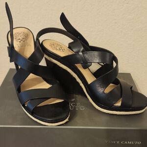 Vince Camuto Black Strappy Wedge Sandals-NEVER BEEN WORN